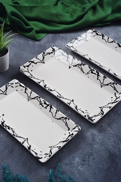 Piatti Naturali 3-Piece Marble Pattern Handmade Ceramic Breakfast Salad Presentation Snack Bowl Set Boat Plate Set