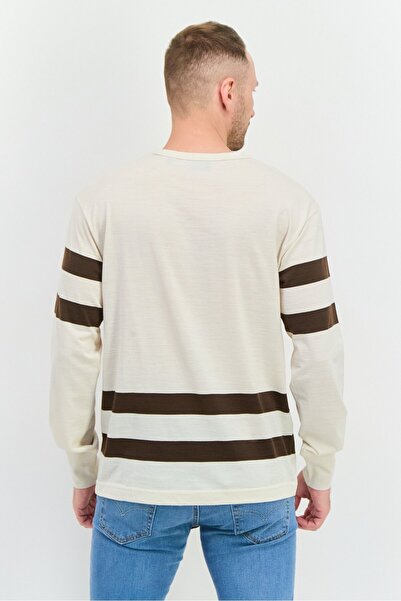 Gant Men Crew Neck Long Sleeves Brand Logo T-Shirt, Cream Combo
