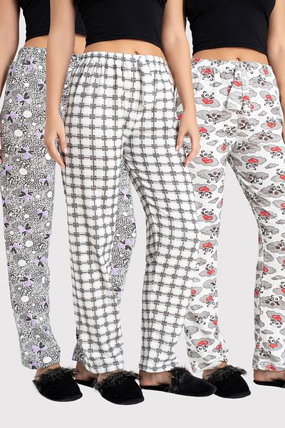 DONEX 3 Pack Two Yarn Fabric Ribbon Waist Detail Printed Women's Sleepwear Bottom Pack Without Pockets