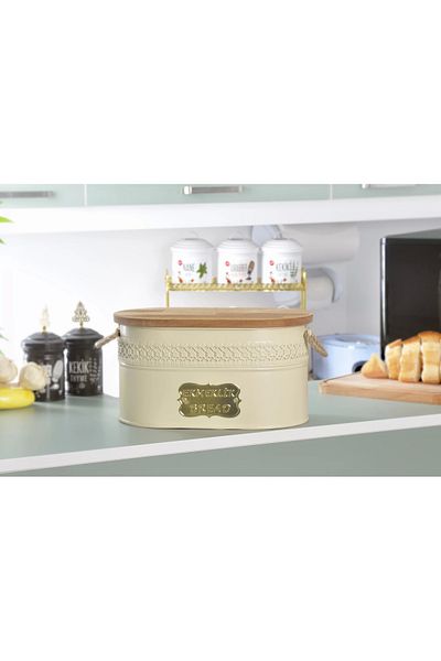 Evistro Metal Bread Bowl with Wooden Lid and Wicker Handle Bread Box Cream