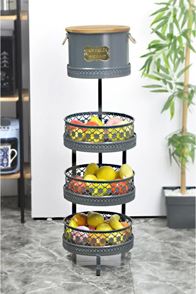 Evistro Doğal Ahşap Ekmeklikli Ferforje Sebzelik Ve Meyvelik Desenli Antrasit