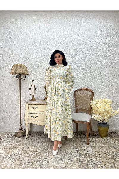 KÜÇÜĞÜM BUTİK Φόρεμα Hijab Green Azalea Flower Long Flared