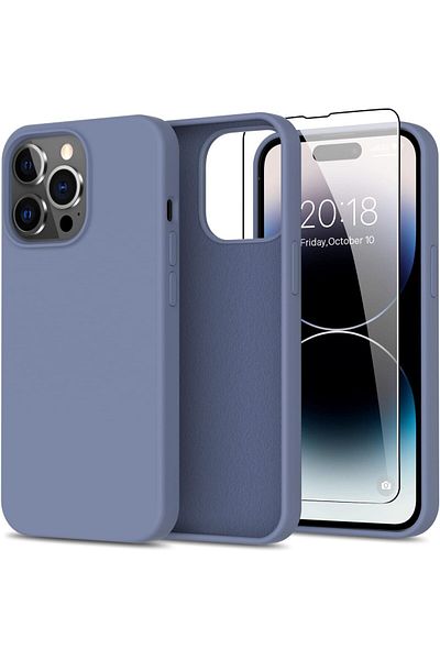 AWH iPhone 14 Pro Max Case: Slim, Shockproof Liquid Silicone with Screen Protector (Ash Grey)