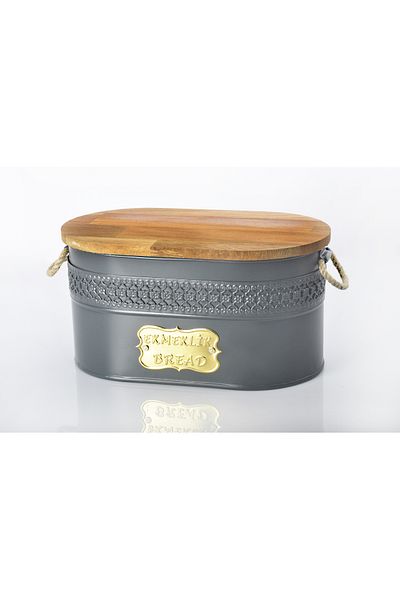 Evistro Metal Bread Bowl with Wooden Lid and Wicker Handle Bread Box Anthracite