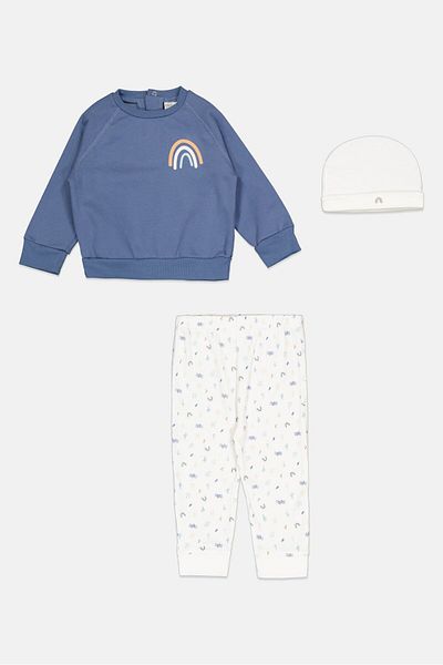 Lily & Jack Toddlers Boy 3 Pcs Graphic Print Sweatshirt And Bottom With Beanie, Blue