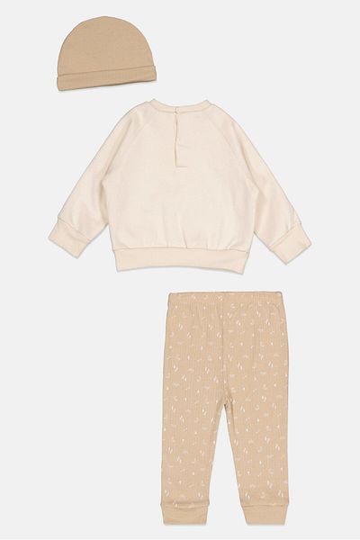 Lily & Jack Toddlers Girl 3 Piece Graphic Print Sweatshirt And Sweatpants With Beannie Set, Beige Combo