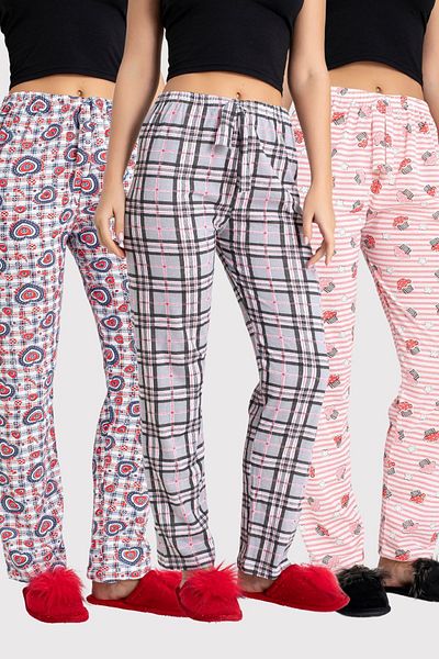 DONEX 3 Pack Two Yarn Fabric Ribbon Waist Detail Printed Women's Sleepwear Bottom Pack Without Pockets