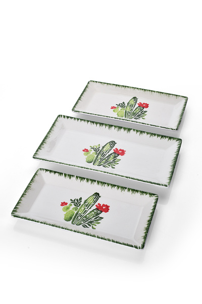 Piatti Naturali 3-Piece Cactus Pattern Handmade Ceramic Breakfast Salad Presentation Snack Bowl Set Kayak Plate Set