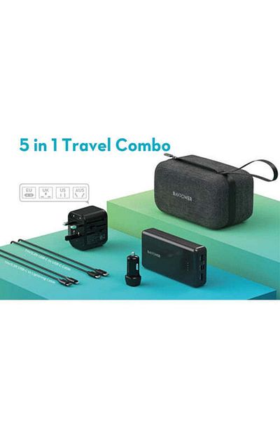 RavPower 5-in-1 Travel Charging Combo, 20000mAh Power Bank, 2 Cables, Travel & Car Charger