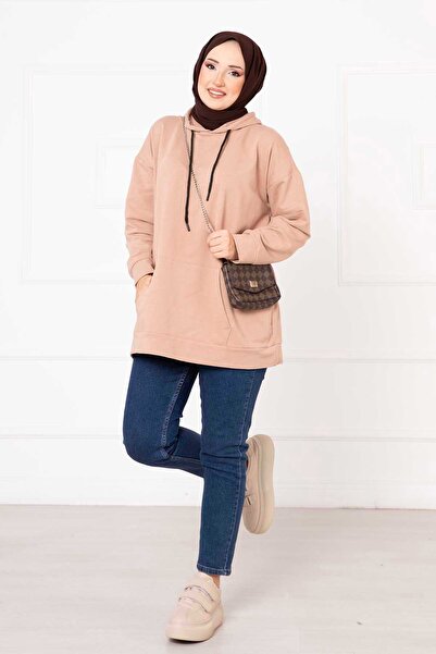 EBRUTESETTÜR Kanguru Cepli Tesettür Sweatshirt Camel
