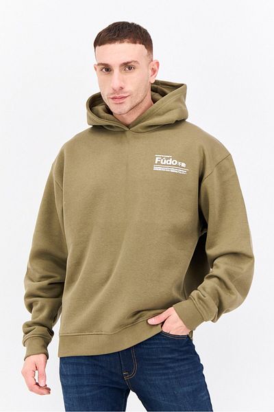 Fudo Men Brand Logo Long Sleeves Hooded Sweatshirt, Olive