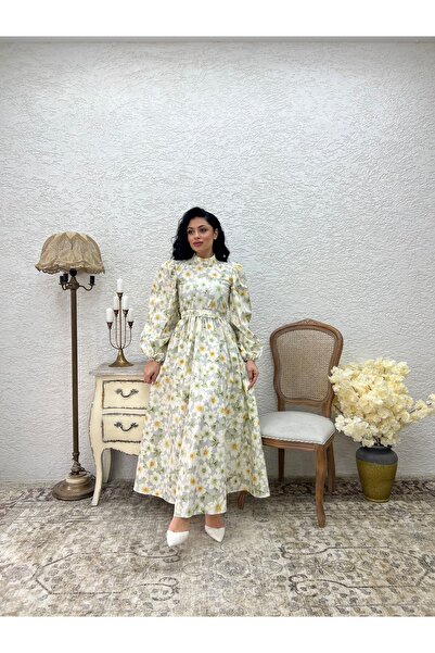 KÜÇÜĞÜM BUTİK Φόρεμα Hijab Green Azalea Flower Long Flared