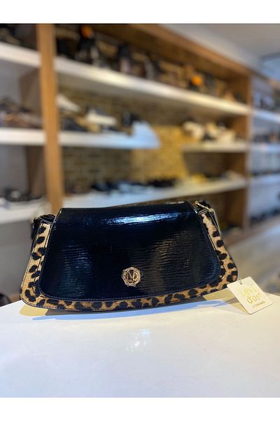 Levidor Levidor Women's Quality Stylish Use Black Patent Leather Leopard Hand and Shoulder Bag