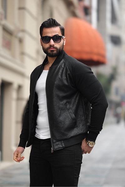 S&M CLOTHİNG New Season Men's Sleeve Knitting Detail Napa Leather Jacket
