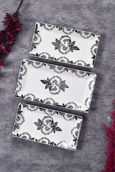 Piatti Naturali 3-Piece Black Rose Pattern Handmade Ceramic Breakfast Salad Presentation Snack Bowl Set Boat Plate Set