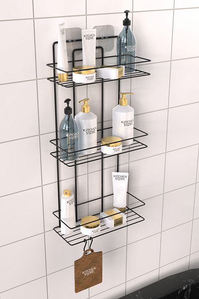 Kitchen Store 3-Tier Shower Shelf with Adhesive & 2 Washcloth Hooks – Bathroom Organizer Shampoo Holder