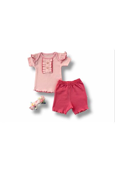 emosavm 3-Piece Sweat Set for Baby Girl - Short Sleeve Powder with Button Detail and Bandana
