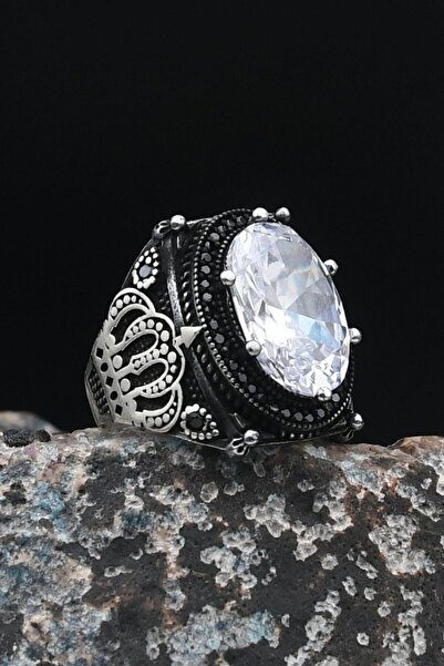 Prestige Kral Taç Motifli 925 Ayar Gümüş Erkek Yüzüğü Beyaz Zirkon Taşlı Zirk...