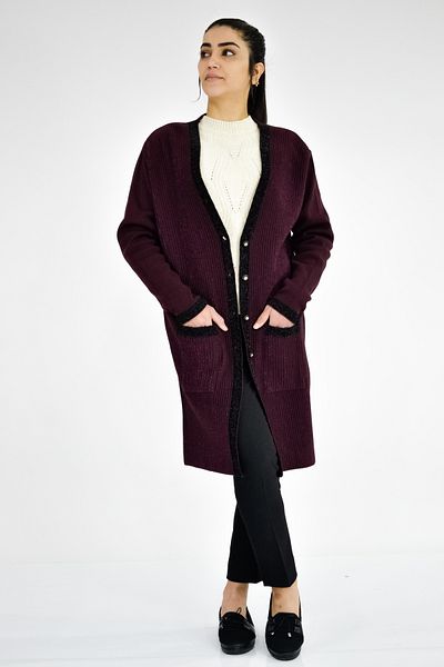 Tuğra Glitter Detailed Knitwear Long Jacket