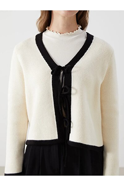 LC Waikiki Lcw Modest Ecru V-Neck Textured Women's Knitwear Cardigan