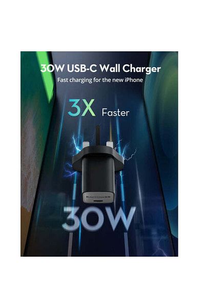 RavPower 30W GaN Tech PD USB-C Wall Charger, Compact & Universal Compatibility Charger, Black