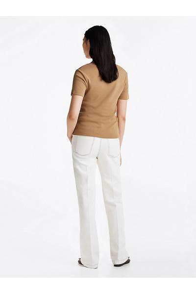 Tommy Hilfiger Beige Slim Fit V-Neck Women's T-Shirt - Short Sleeve Ww0Ww40584-Rbc