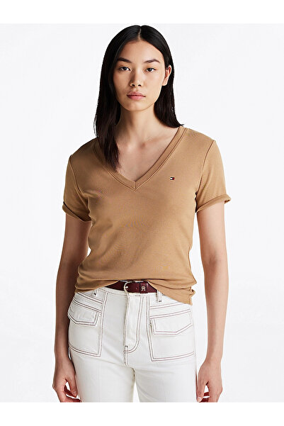 Tommy Hilfiger Beige Slim Fit V-Neck Women's T-Shirt - Short Sleeve Ww0Ww40584-Rbc