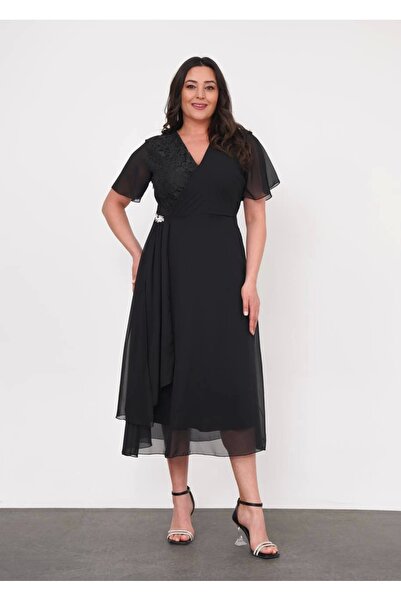 ModaSehle Büyük Beden Üst Dantel Detaylı Şifon Kısa Kollu Abiye Elbise