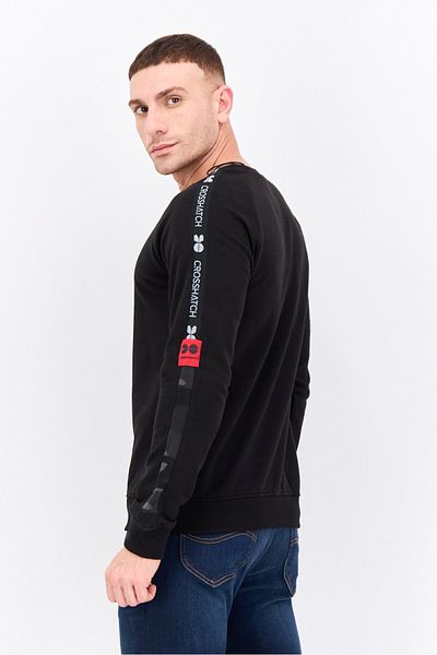 Crosshatch Men Crew Neck Brand Logo Long Sleeves Sweatshirt, Black