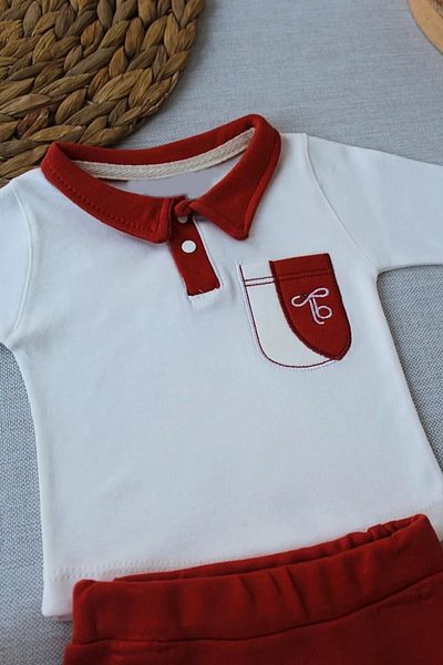 emosavm 3-Piece Embroidered Sweat Set for Baby Boy - Long Sleeve, Pocket Hat, Brick Color