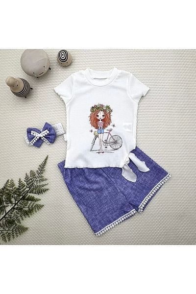 emosavm Blue 3-Piece Baby Girl Set - Bicycle, Printed Bandana, Denim Patterned Shorts and Short Sleeve T-Shirt