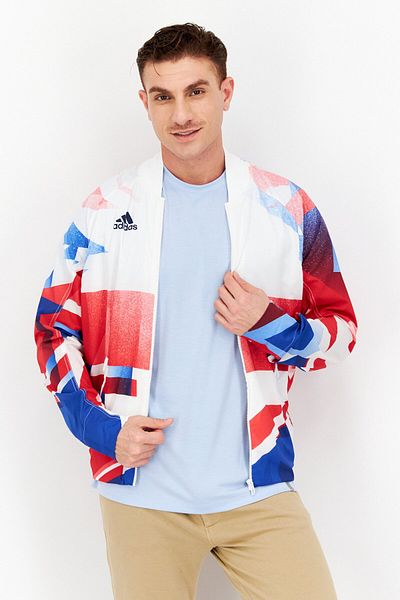 adidas Men Sportswear Fit Outdoor Windbreaker Jacket, White/red