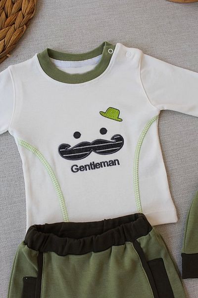 emosavm Green Long Sleeve Sweat for Baby Boy 3-Piece Set - Gentleman with Embroidered Hat