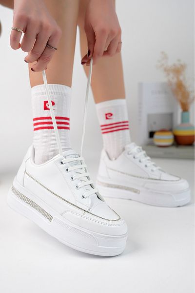 Moda Kadıköy Women's White High Sole Stone Sneakers Shoes