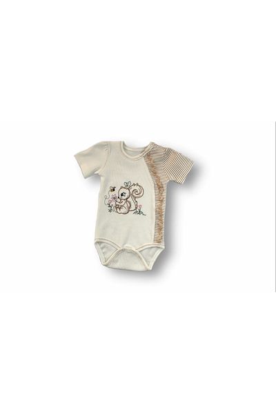 emosavm Little Squirrel Embroidered Hat Long Sleeve Bodysuit 3-Piece Baby Girl Set Brown
