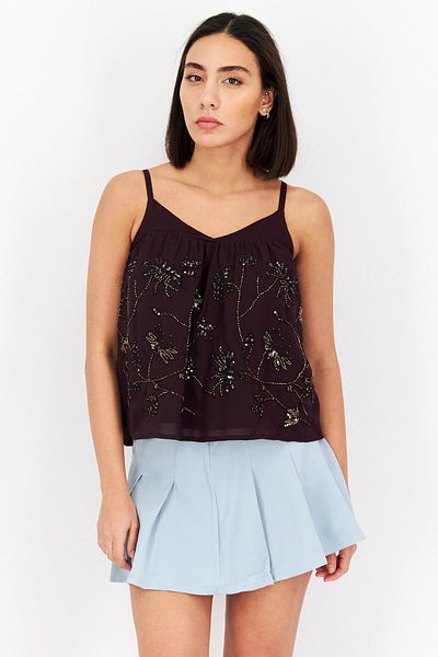 PROMOD Women V Neck Sleeveless Textured Top, Maroon