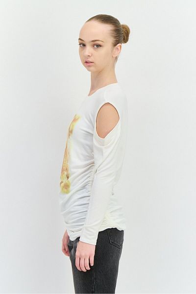 INC Women Crew Neck Cold Shoulder Graphic Print Sweatshirt, White Combo