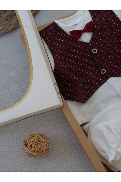 emosavm Bow Tie Tuxedo 5 Piece Suit with Vest for Baby Boy - Mevlütlük, Circumcision Dress Claret Red