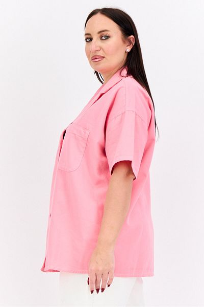 Tommy Jeans Women Oversized Notched Collar Short Sleeves Brand Logo Shirt, Pink