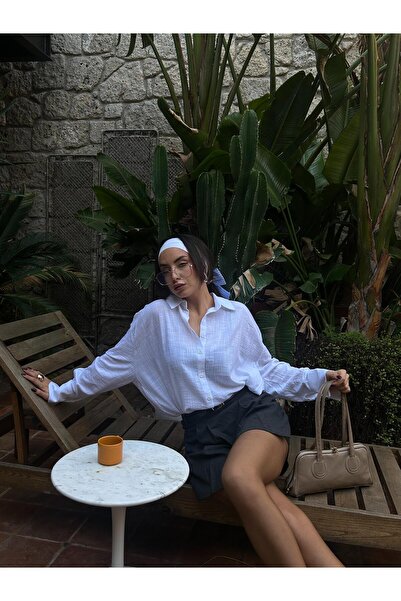 minaaise Kadın Ekru Oversize Geniş Manşetli %100 Pamuk Gömlek 29020