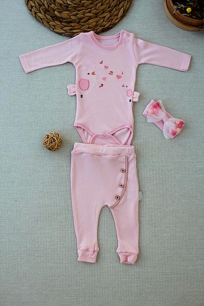 emosavm Pink 3-Piece Baby Girl Set - Singer Birds, Embroidered Bandana, Long Sleeve and Bodysuit Detail