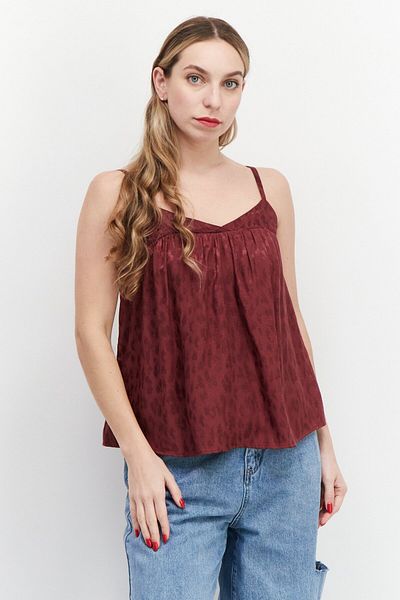 PROMOD Women Tie Neck Sleeveless Allover Print Tank Top, Maroon
