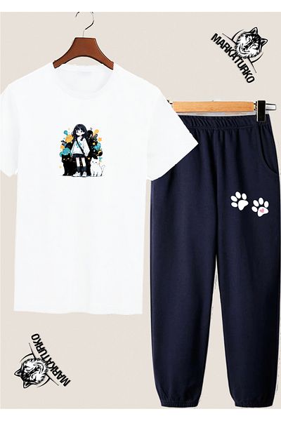 MarkaTurko Cat Girl Anime Custom Design Printed Summer White Tshirt-Navy Blue Sweatpants Combination 4068700 -1