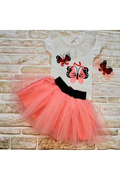 emosavm Petli Butterfly Embroidered Crowned Short Sleeve Tutu Skirt 3 Piece Baby Girl Set Pomegranate Flower