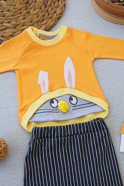 emosavm Orange 3-Piece Sweat Set - Spoiled, Rabbit Embroidered Hat, Long Sleeve