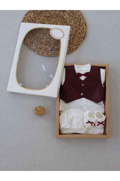 emosavm Bow Tie Tuxedo 5 Piece Suit with Vest for Baby Boy - Mevlütlük, Circumcision Dress Claret Red