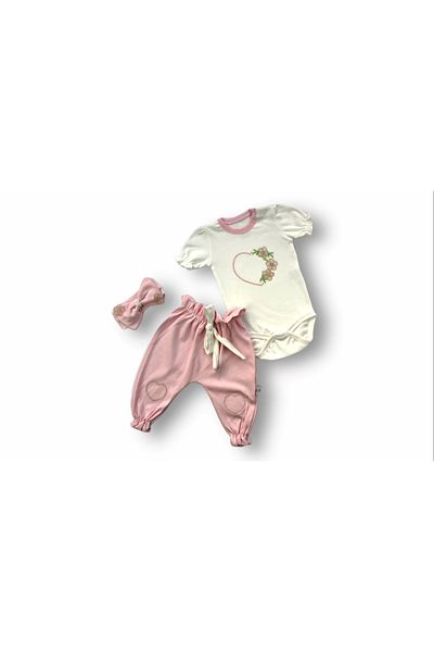 emosavm Ecru 3-Piece Baby Girl Set - Floral Pattern, Embroidered Heart, Short Sleeve