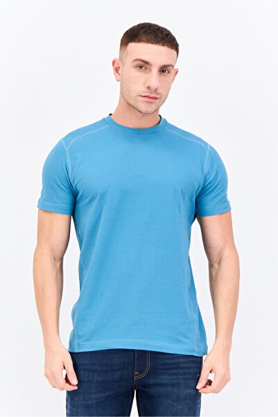 WRANGLER تي شيرت رجالي سادة بأكمام قصيرة ورقبة دائرية، أزرق مخضر