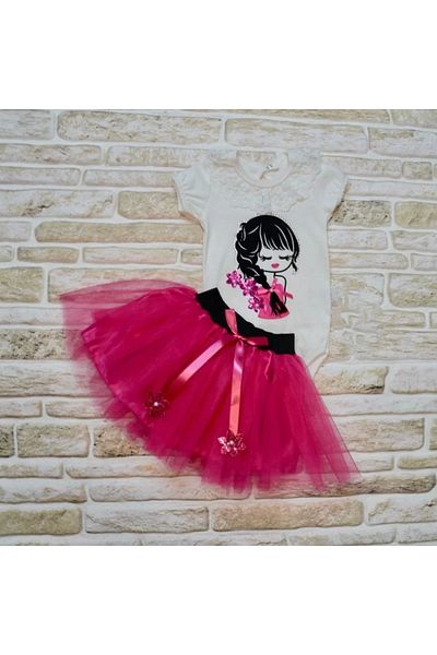 emosavm Fuchsia Baby Girl Set - Hair Braided, Girl Embroidered Ribbon Short Sleeve Tutu Skirt Set of 2