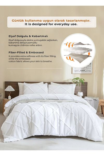Evlen Home Collection طقم سرير كاجوال مزدوج - قطن، منقوش Aimar، 3 قطع، مبطن، أبيض كريمي